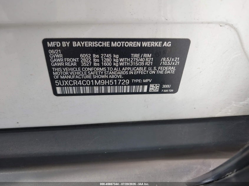 2021 BMW X5 Sdrive40I VIN: 5UXCR4C01M9H51729 Lot: 45667344