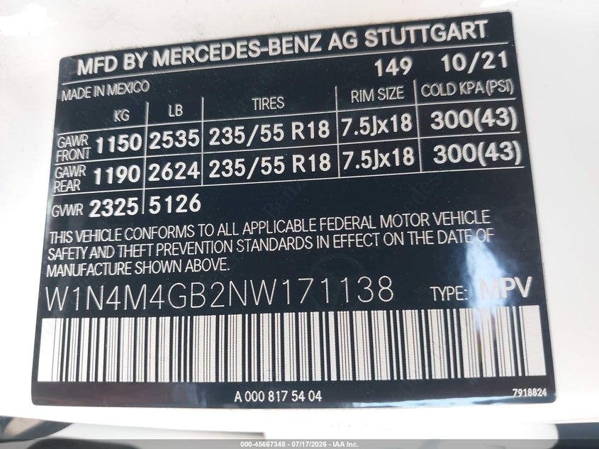 2022 Mercedes-Benz Glb 250 VIN: W1N4M4GB2NW171138 Lot: 45667348