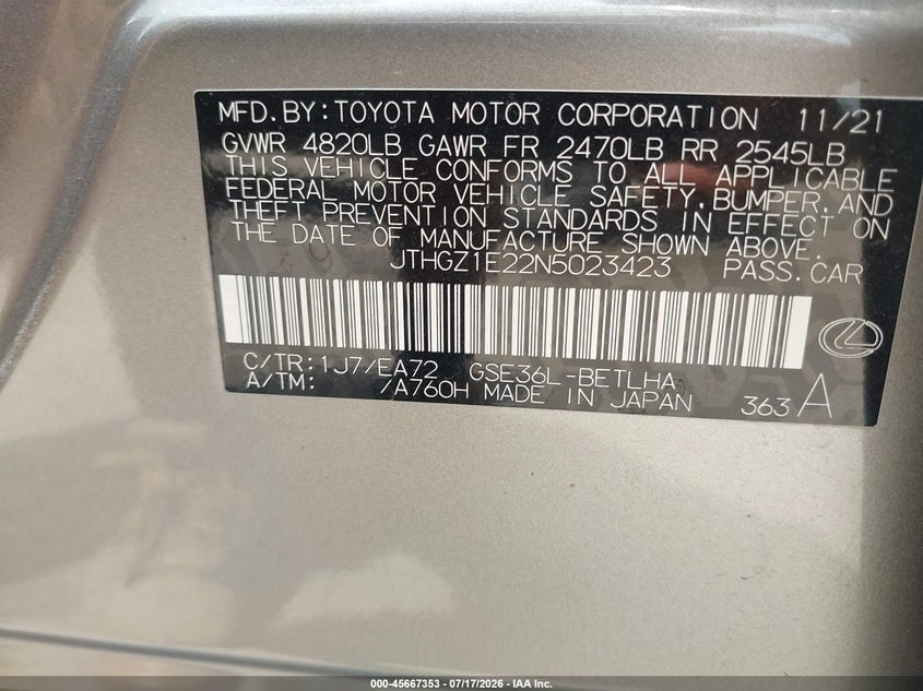 2022 Lexus Is 350 F Sport VIN: JTHGZ1E22N5023423 Lot: 45667353