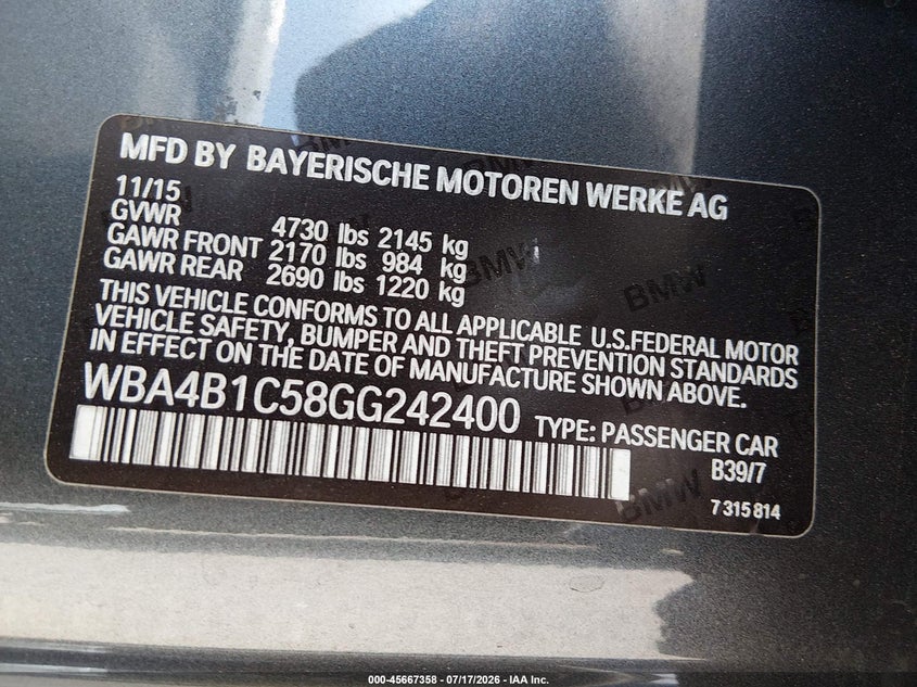 2016 BMW 435I Gran Coupe VIN: WBA4B1C58GG242400 Lot: 45667358