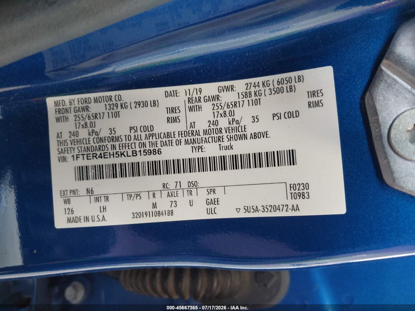 2019 Ford Ranger Xlt VIN: 1FTER4EH5KLB15986 Lot: 45667365