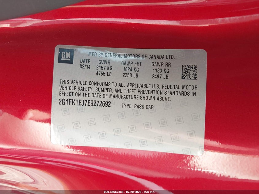 2014 Chevrolet Camaro 2Ss VIN: 2G1FK1EJ7E9272692 Lot: 45667388