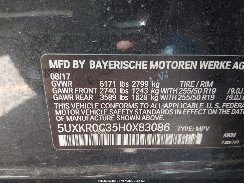 2017 BMW X5 xDrive35I VIN: 5UXKR0C35H0X83086 Lot: 45667400