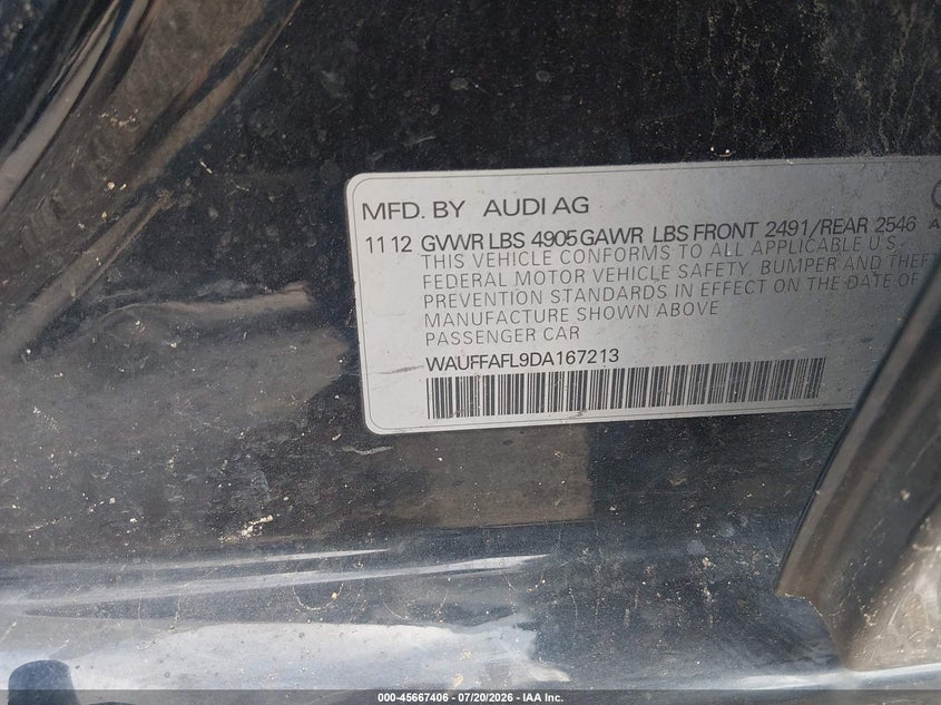 2013 Audi A4 2.0T Premium VIN: WAUFFAFL9DA167213 Lot: 45667406