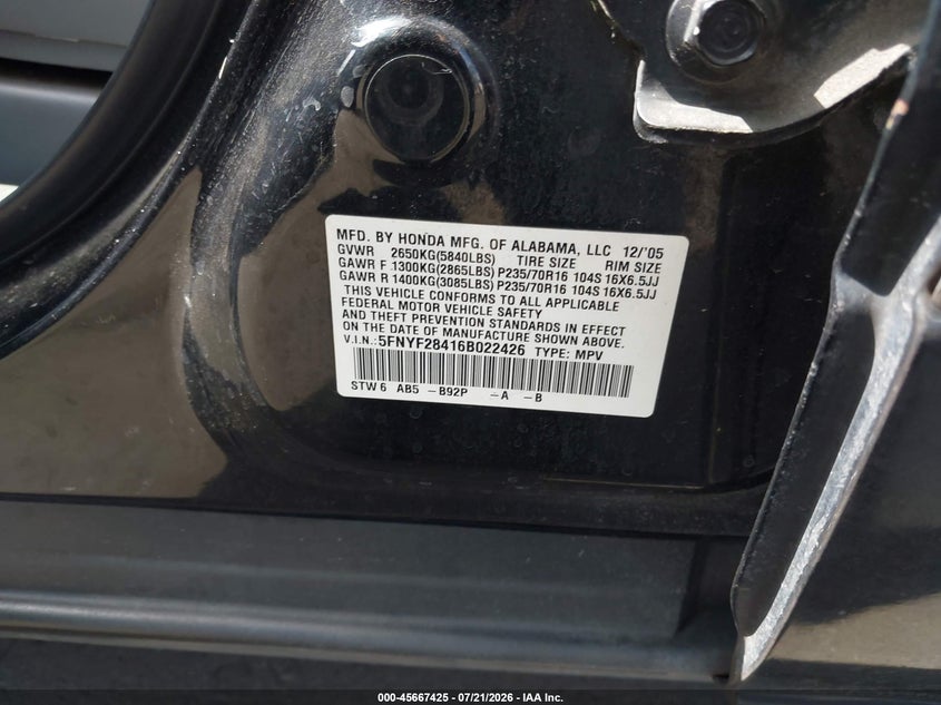 2006 Honda Pilot Ex VIN: 5FNYF28416B022426 Lot: 45667425