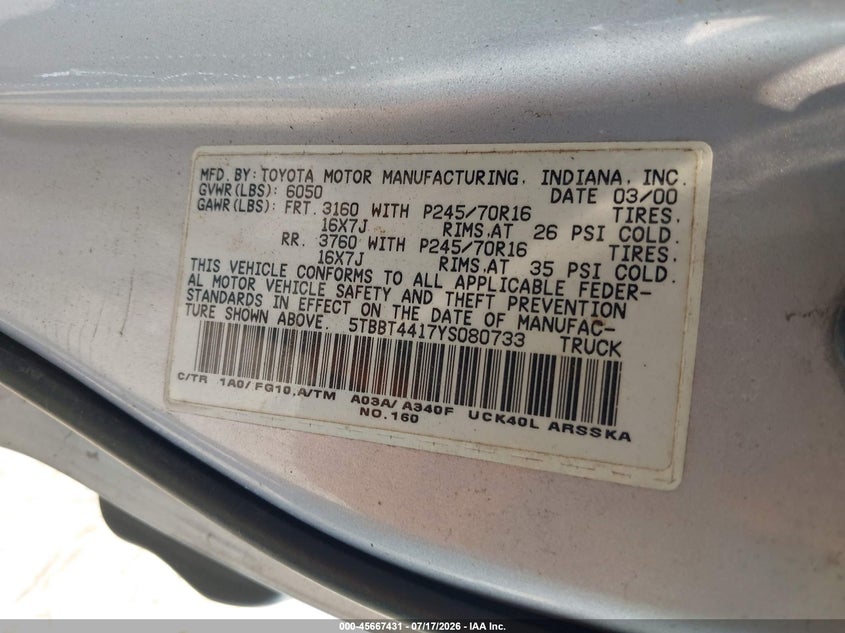 2000 Toyota Tundra Sr5 V8 VIN: 5TBBT4417YS080733 Lot: 45667431