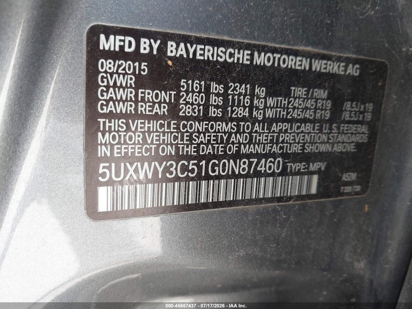 2016 BMW X3 xDrive28D VIN: 5UXWY3C51G0N87460 Lot: 45667437