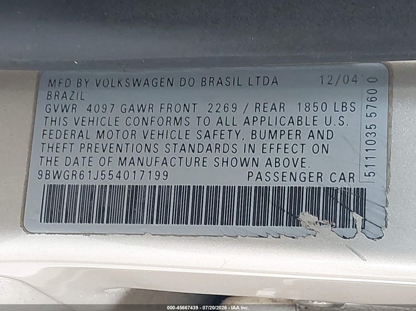 2005 Volkswagen Golf Gls Tdi VIN: 9BWGR61J554017199 Lot: 45667439