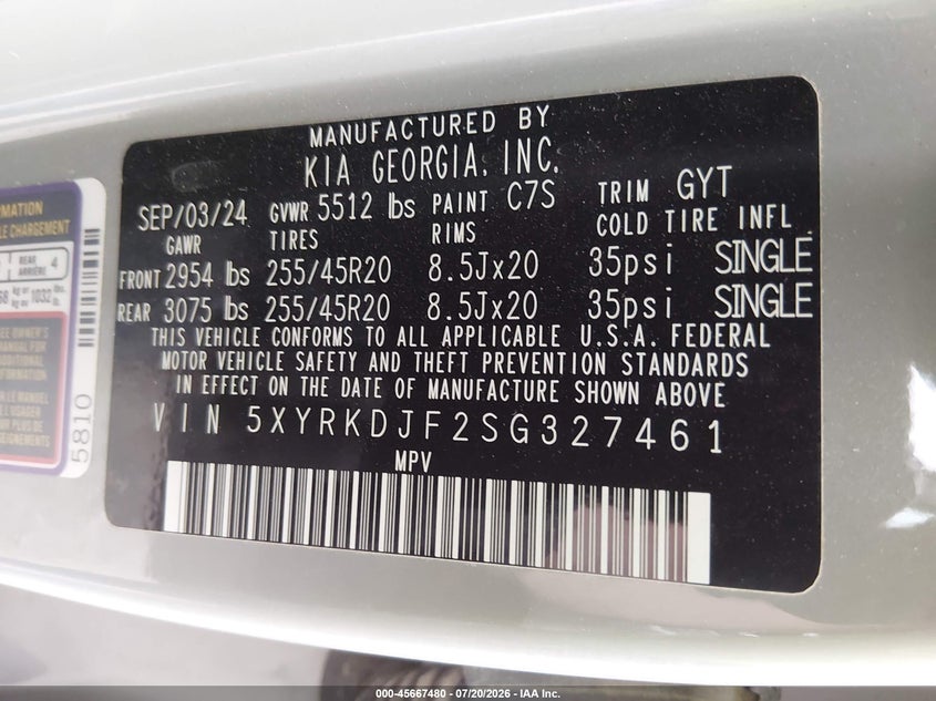 2025 Kia Sorento X-Line Sx VIN: 5XYRKDJF2SG327461 Lot: 45667480