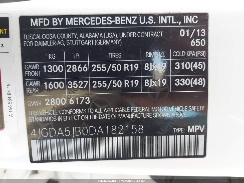 2013 Mercedes-Benz Ml 350 VIN: 4JGDA5JB0DA182158 Lot: 45667481