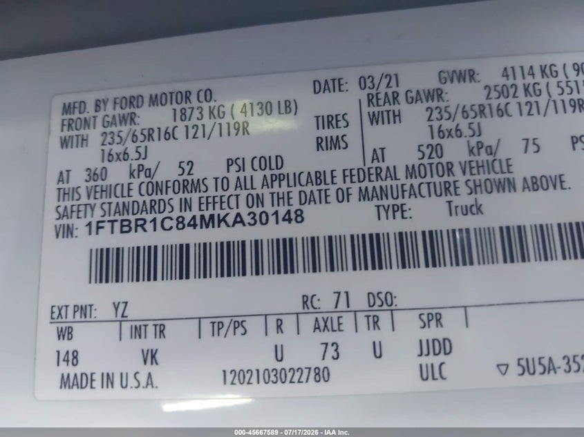 2021 Ford Transit-250 VIN: 1FTBR1C84MKA30148 Lot: 45667589