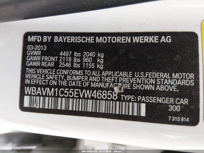 2014 BMW X1 Sdrive28I VIN: WBAVM1C55EVW46858 Lot: 45667623