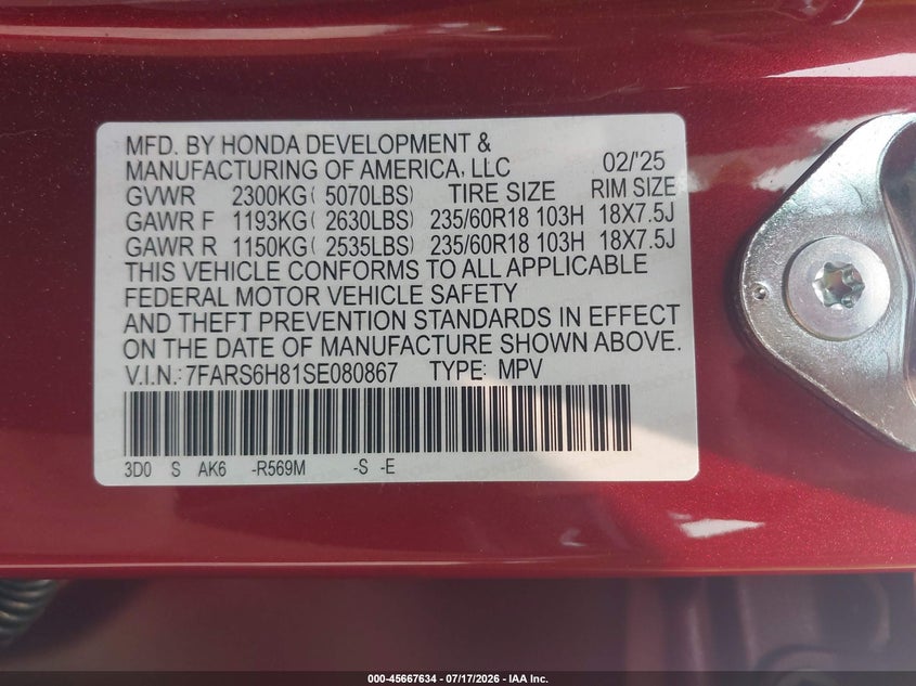 HONDA CR-V HYBRID 2025 VIN 7FARS6H81SE080867