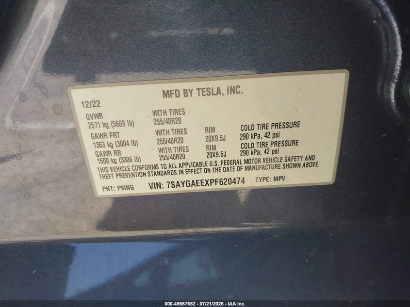2023 Tesla Model Y Awd/Long Range Dual Motor All-Wheel Drive VIN: 7SAYGAEEXPF620474 Lot: 45667652