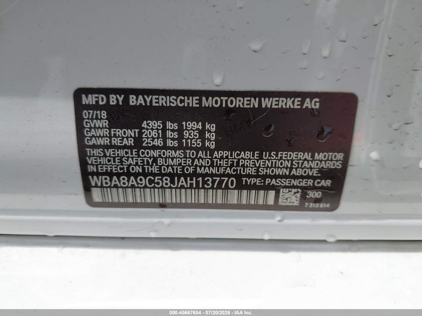 2018 BMW 320I VIN: WBA8A9C58JAH13770 Lot: 45667654