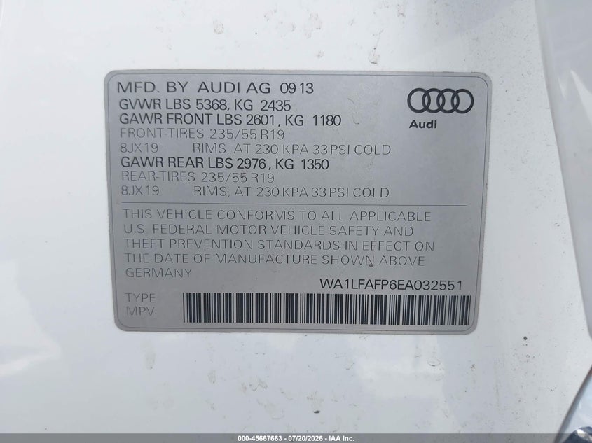 2014 Audi Q5 2.0T Premium VIN: WA1LFAFP6EA032551 Lot: 45667663