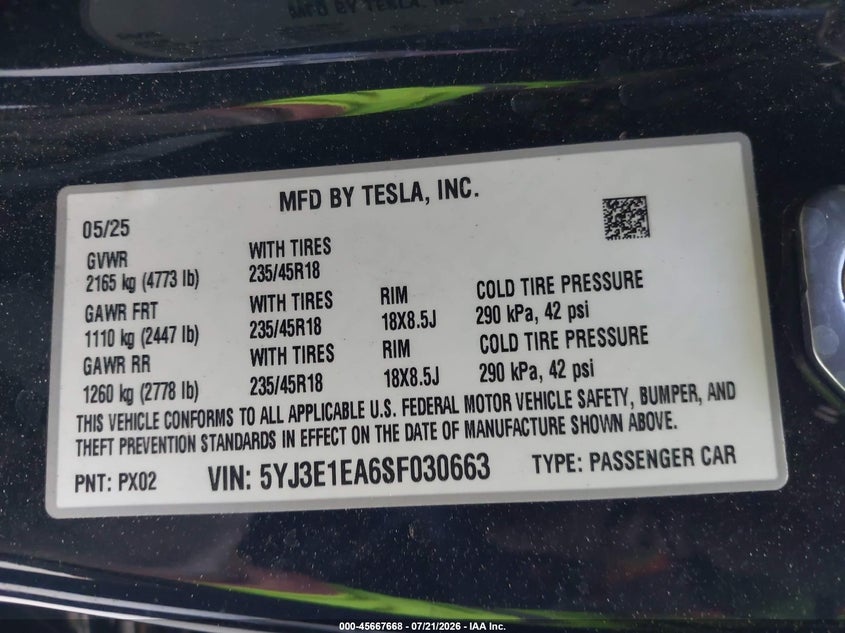 2025 Tesla Model 3 Long Range Rear-Wheel Drive/Standard Rear-Wheel Drive VIN: 5YJ3E1EA6SF030663 Lot: 45667668