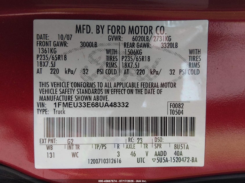 2008 Ford Explorer Sport Trac Limited VIN: 1FMEU33E68UA48332 Lot: 45667674