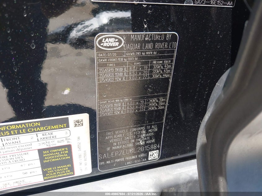 2020 Land Rover Defender 110 Se VIN: SALEP7EU6L2015884 Lot: 45667684
