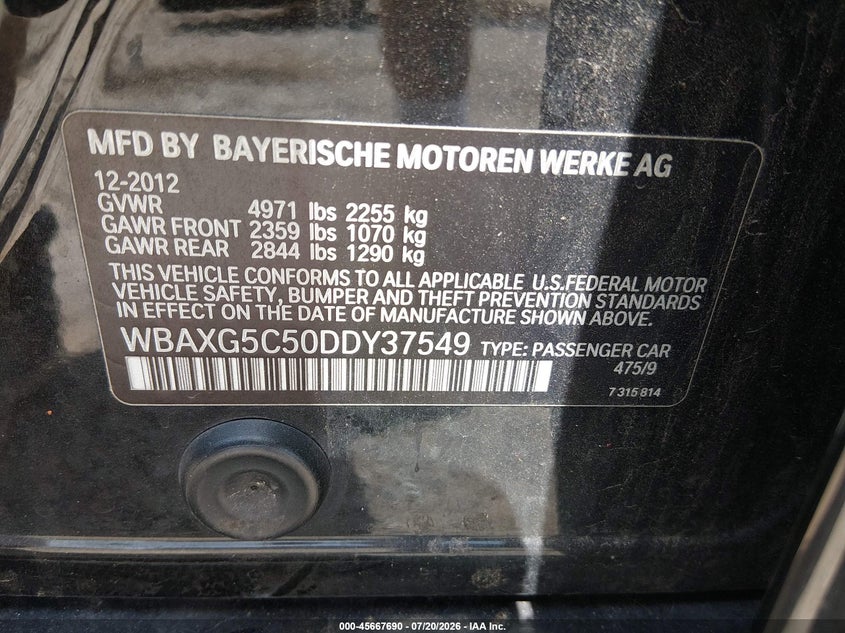 2013 BMW 528I VIN: WBAXG5C50DDY37549 Lot: 45667690