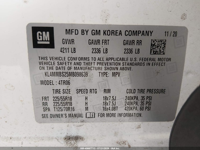 2021 Buick Encore Gx Fwd Preferred VIN: KL4MMBS25MB098639 Lot: 45667713
