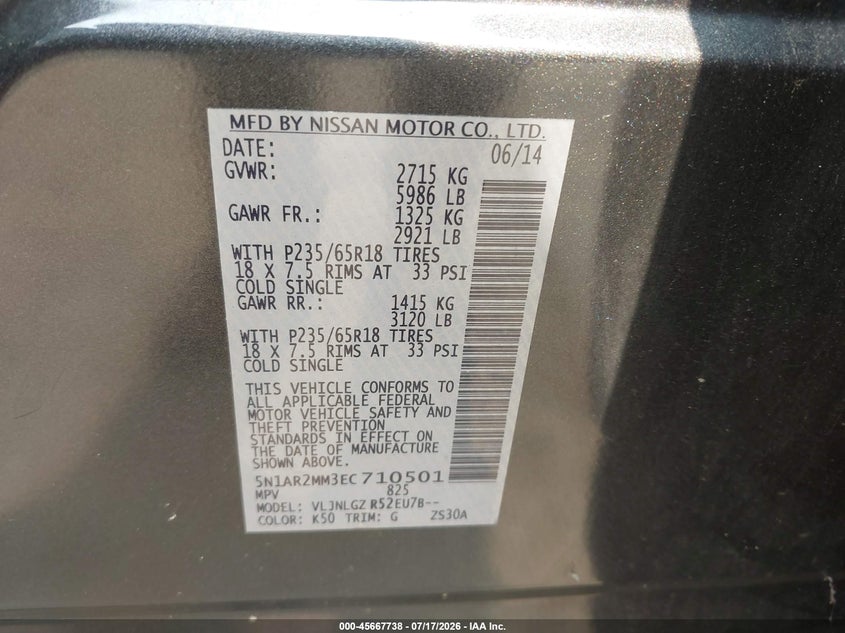 2014 NISSAN PATHFINDER SPORT UTILITY VEHICLE 3.5L V-6 DOHC, VVT, 260HP