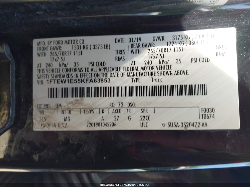 FORD F-150 2019 VIN 1FTEW1E55KFA63853