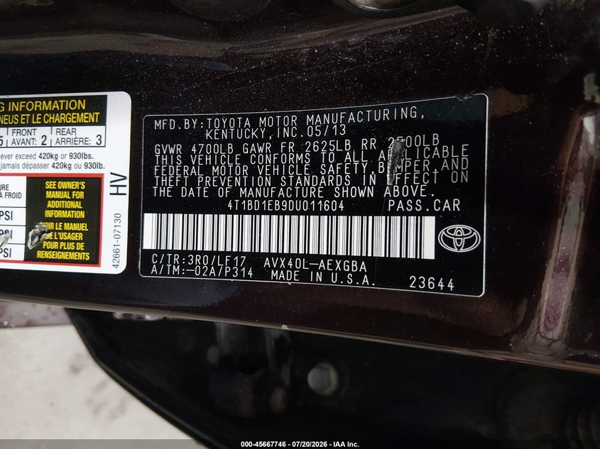 2013 Toyota Avalon Hybrid Xle Premium VIN: 4T1BD1EB9DU011604 Lot: 45667746