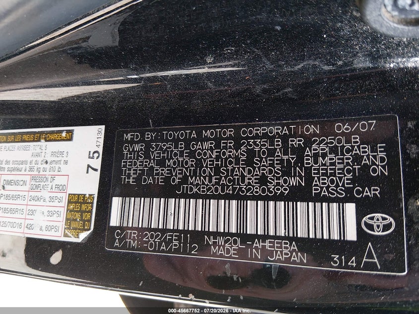 2007 Toyota Prius VIN: JTDKB20U473280399 Lot: 45667752