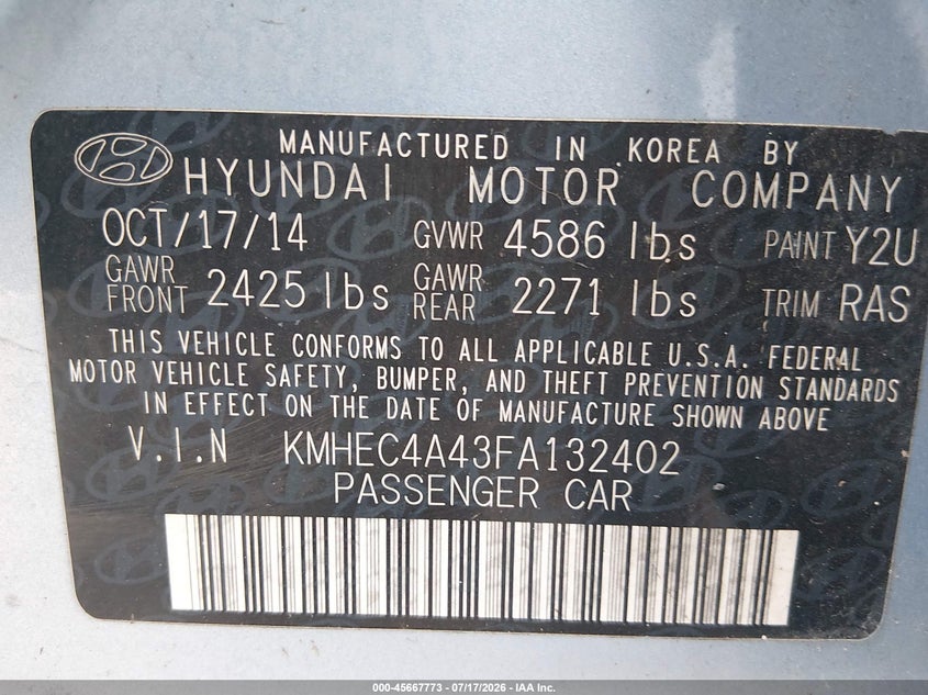 2015 Hyundai Sonata Hybrid Limited VIN: KMHEC4A43FA132402 Lot: 45667773
