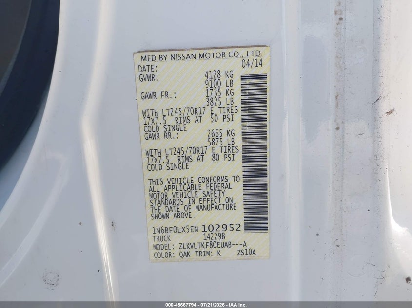 2014 Nissan Nv Cargo Nv2500 Hd Sv V6 VIN: 1N6BF0LX5EN102952 Lot: 45667794