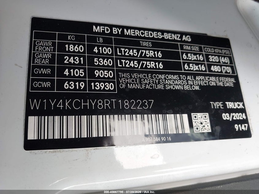 2024 Mercedes-Benz Sprinter 2500 High Roof 4-Cyl Diesel VIN: W1Y4KCHY8RT182237 Lot: 45667795
