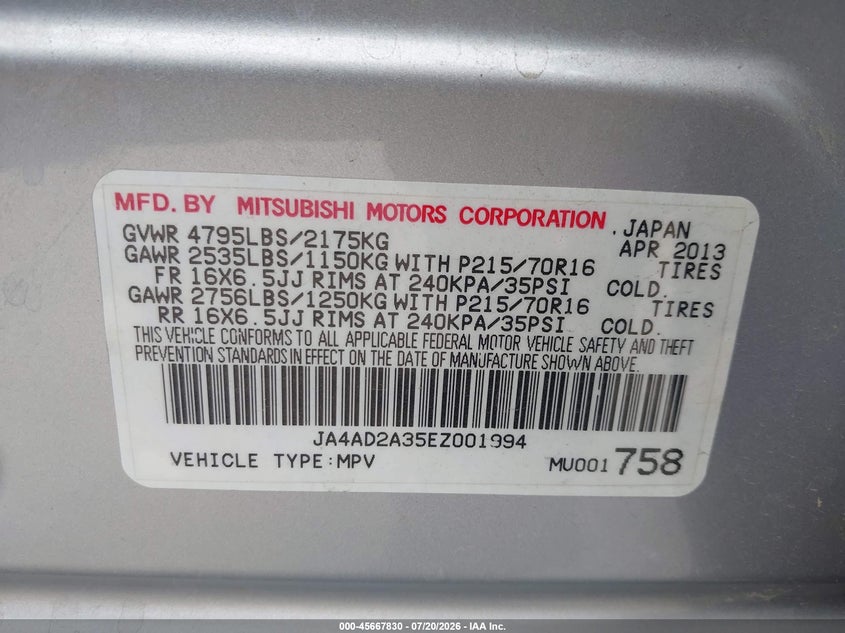 2014 Mitsubishi Outlander Es VIN: JA4AD2A35EZ001994 Lot: 45667830