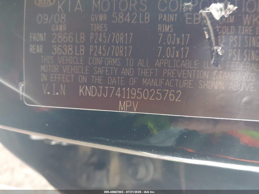 KIA BORREGO 2009 VIN KNDJJ741195025762