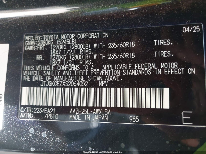 2025 Lexus Nx 350H Premium VIN: JTJGKCEZXS2064052 Lot: 45667905
