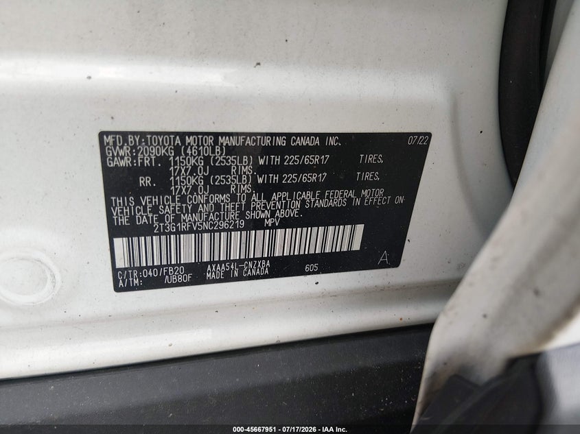 2022 Toyota Rav4 Le VIN: 2T3G1RFV5NC296219 Lot: 45667951