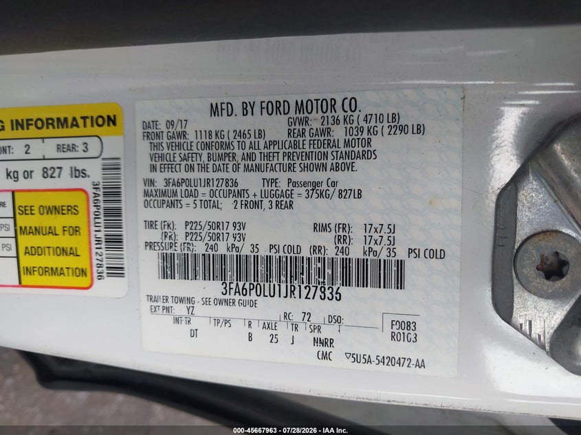 FORD FUSION HYBRID 2018 VIN 3FA6P0LU1JR127836