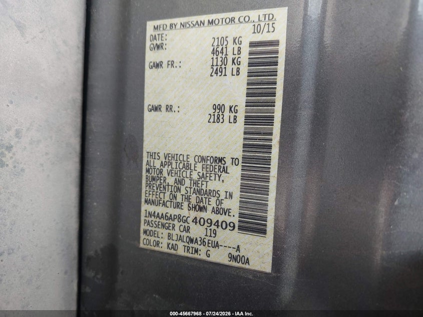 2016 NISSAN MAXIMA SEDAN 3.5L V-6 DOHC, VVT, 300HP