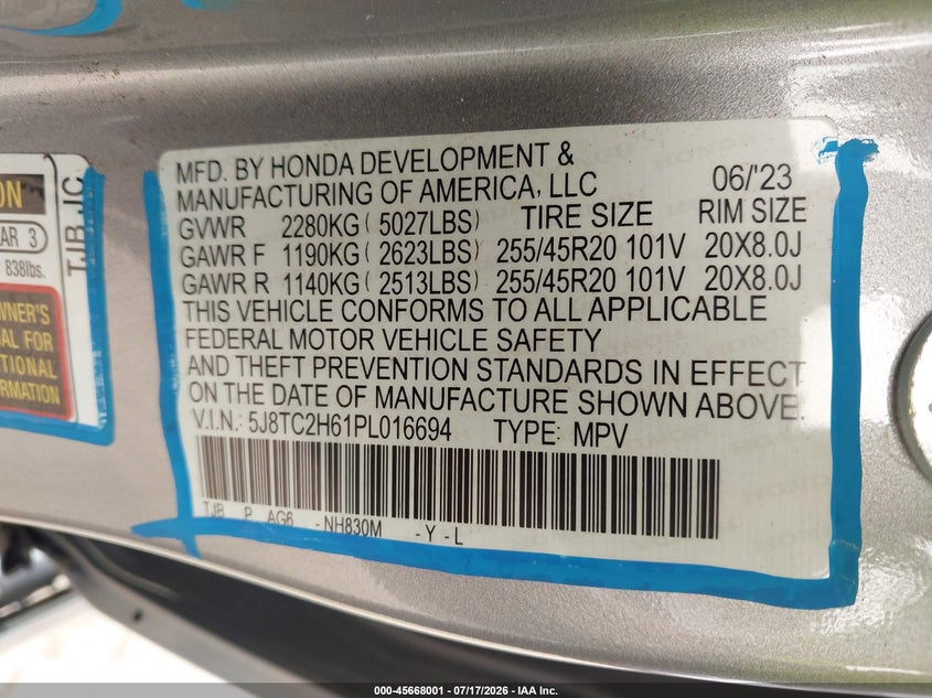 2023 Acura Rdx A-Spec Package VIN: 5J8TC2H61PL016694 Lot: 45668001