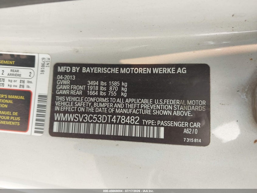 2013 Mini Hardtop Cooper S VIN: WMWSV3C53DT478482 Lot: 45668004
