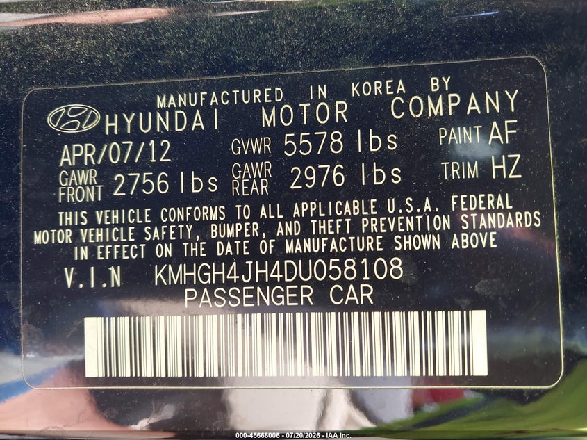 2013 Hyundai Equus Signature VIN: KMHGH4JH4DU058108 Lot: 45668006