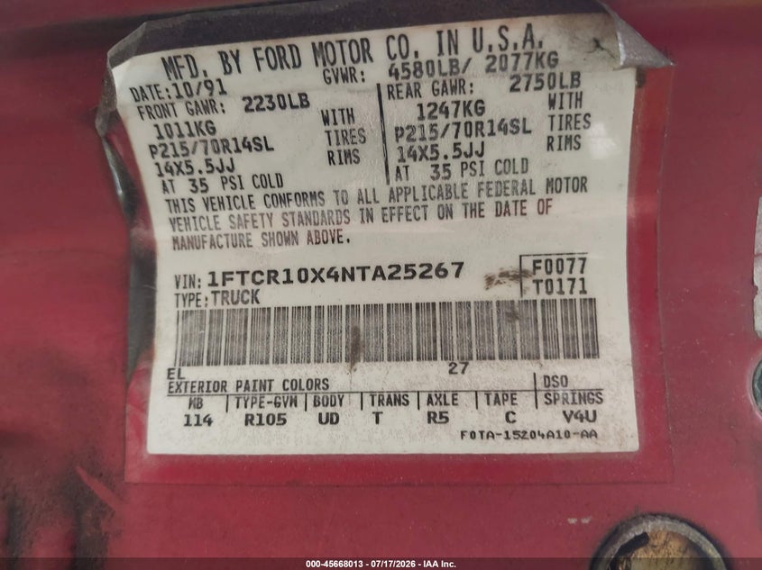 1992 Ford Ranger VIN: 1FTCR10X4NTA25267 Lot: 45668013