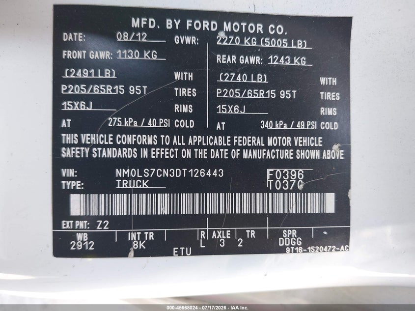 2013 Ford Transit Connect Xl VIN: NM0LS7CN3DT126443 Lot: 45668024
