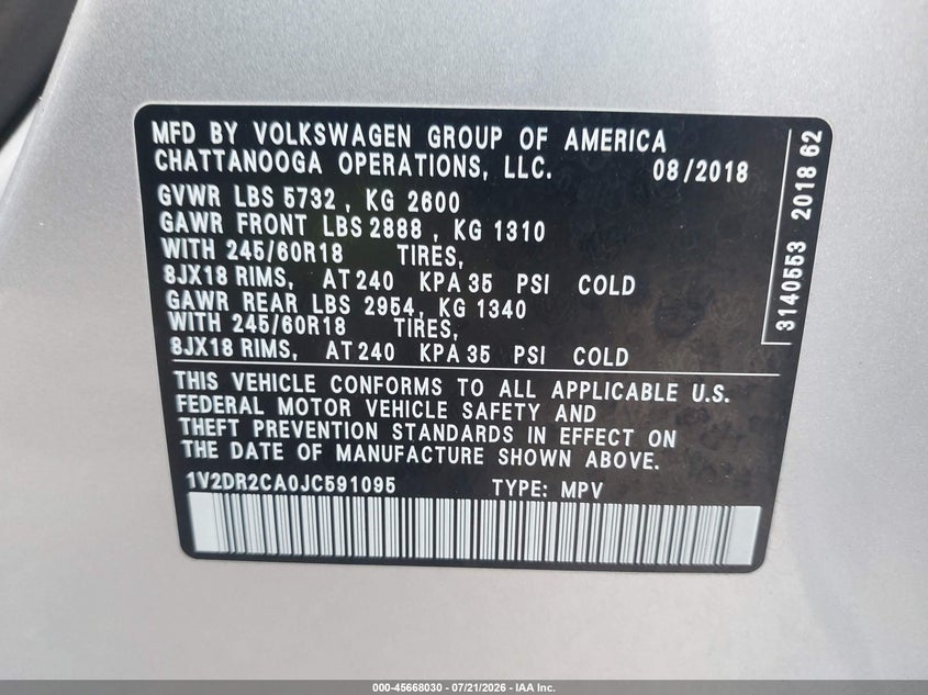 2018 Volkswagen Atlas 3.6L V6 Se/3.6L V6 Se W/Technology VIN: 1V2DR2CA0JC591095 Lot: 45668030