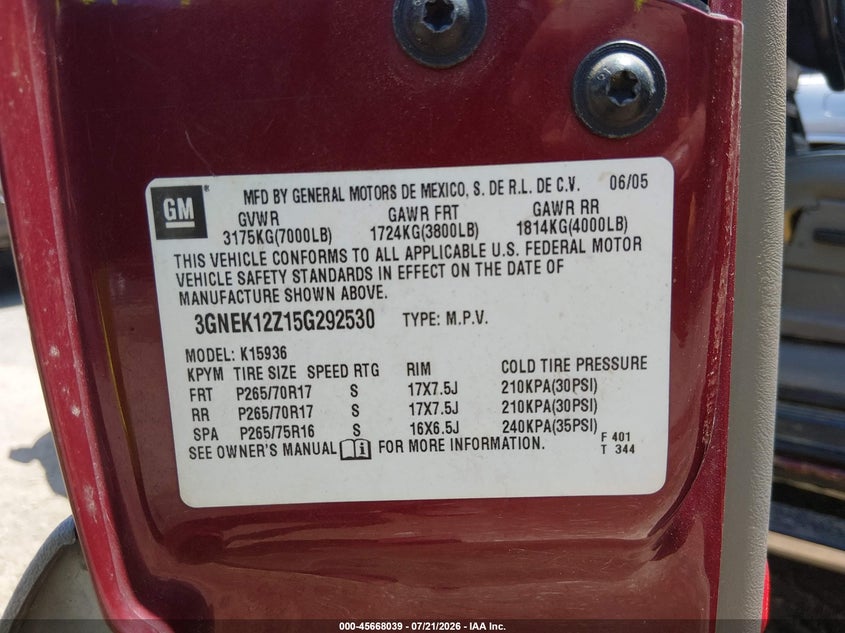 2005 Chevrolet Avalanche 1500 Z71 VIN: 3GNEK12Z15G292530 Lot: 45668039