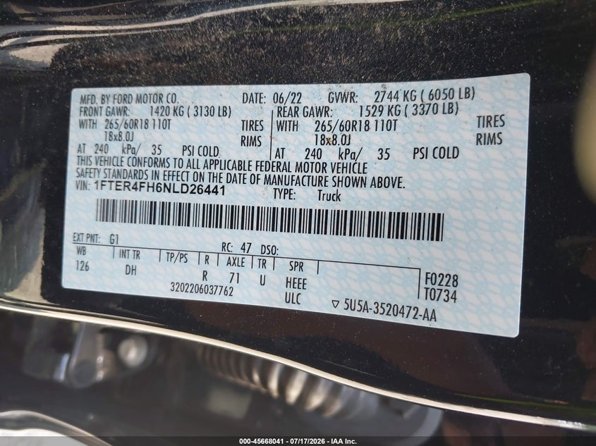 2022 Ford Ranger Lariat VIN: 1FTER4FH6NLD26441 Lot: 45668041