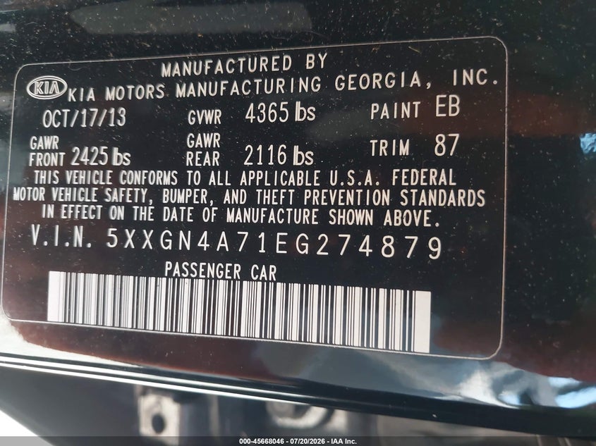 2014 Kia Optima Ex VIN: 5XXGN4A71EG274879 Lot: 45668046