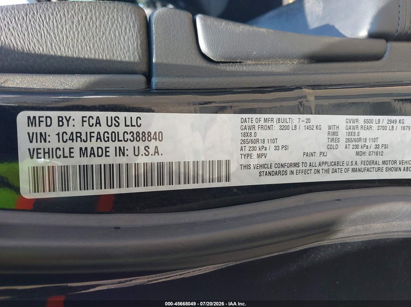 2020 Jeep Grand Cherokee North Edition 4X4 VIN: 1C4RJFAG0LC388840 Lot: 45668049