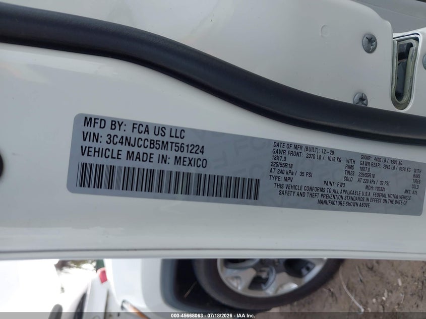 2021 Jeep Compass Limited Fwd VIN: 3C4NJCCB5MT561224 Lot: 45668063