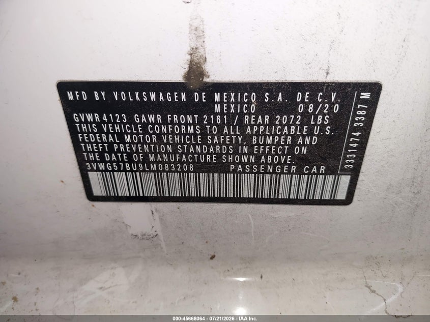 2020 Volkswagen Jetta 1.4T Sel Premium VIN: 3VWG57BU9LM083208 Lot: 45668064